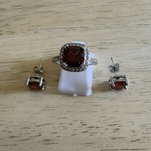 Silver and Red Gemstone Ring Set